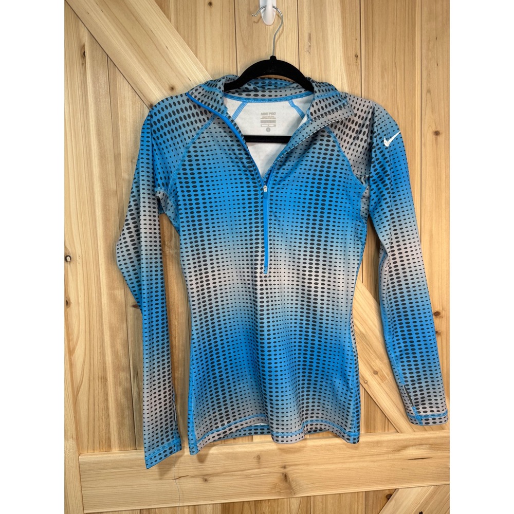 Nike Pro Womens Blue Grey Polka Dot Quarter Zip Long Sleeve- Size Small